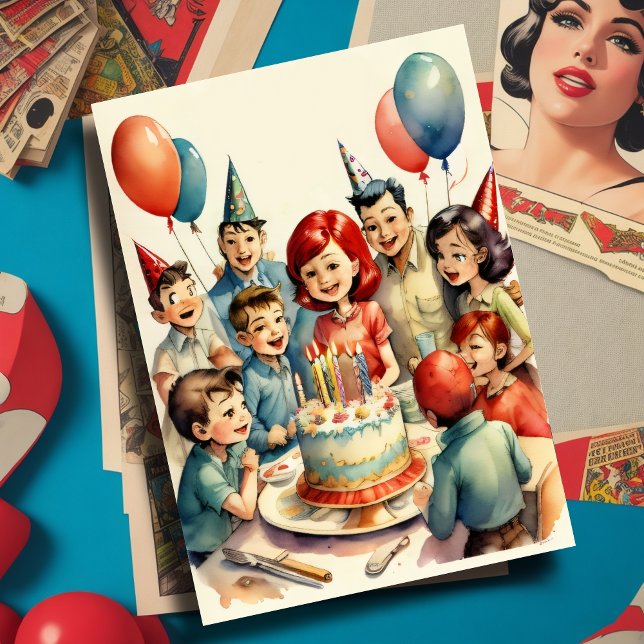 Invitation Aquarelle amusante bande dessinée scène d'annivers (Créateur téléchargé)