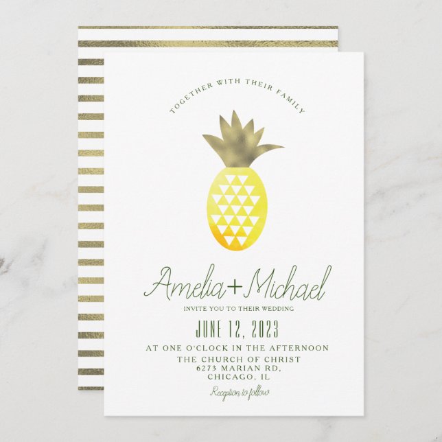 Invitation Aquarelle Ananas Pina Tropic Faux Foil Mariage (Devant / Derrière)