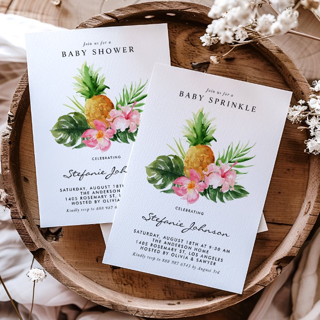 Invitation Aquarelle Ananas Tropical Baby Sprinkle (Tropical baby sprinkle invitation featuring watercolor pineapple, hibiscus and greenery. )