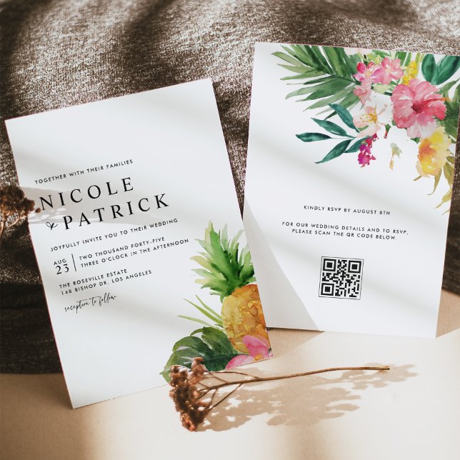 Invitation Aquarelle Ananas Tropical Code QR Mariage (Customizable QR code wedding invitation featuring watercolor pineapple, tropical greenery & flower.)