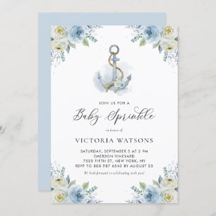 Invitation Aquarelle Ancre et Fleurs Bleues Bébé Sprinkle