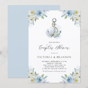 Invitation Aquarelle Ancre et fleurs bleues Couples Douche
