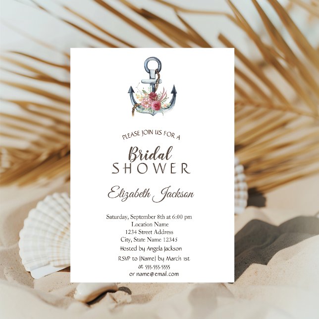Invitation Aquarelle Ancre Fleurs Fête des mariées nautique (Créateur téléchargé)