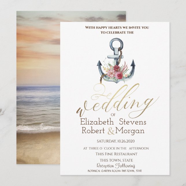 Invitation Aquarelle Ancre Fleurs Mariage nautique (Devant / Derrière)