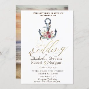 Invitation Aquarelle Ancre Fleurs Mariage nautique
