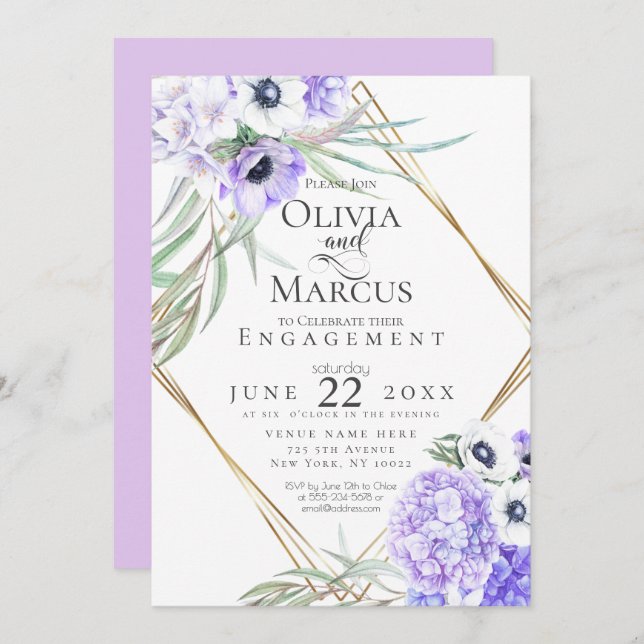 Invitation Aquarelle Anémone Violette Floral Cadre Géométriqu (Devant / Derrière)