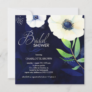 Invitation Aquarelle Anémonique Fête des mariées bleue marine