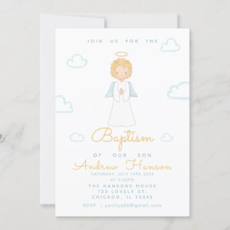 Invitation Aquarelle Angel Baptême Religieux Bleu