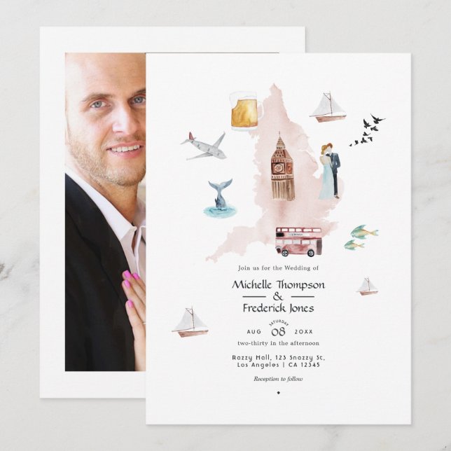 Invitation Aquarelle Angleterre Royaume-Uni Londres Destinati (Devant / Derrière)