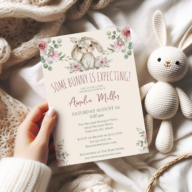 Invitation Aquarelle animale de la forêt de Bunny (Some Bunny is Expecting  Boho Floral Watercolor Roses Baby Shower Invitation)