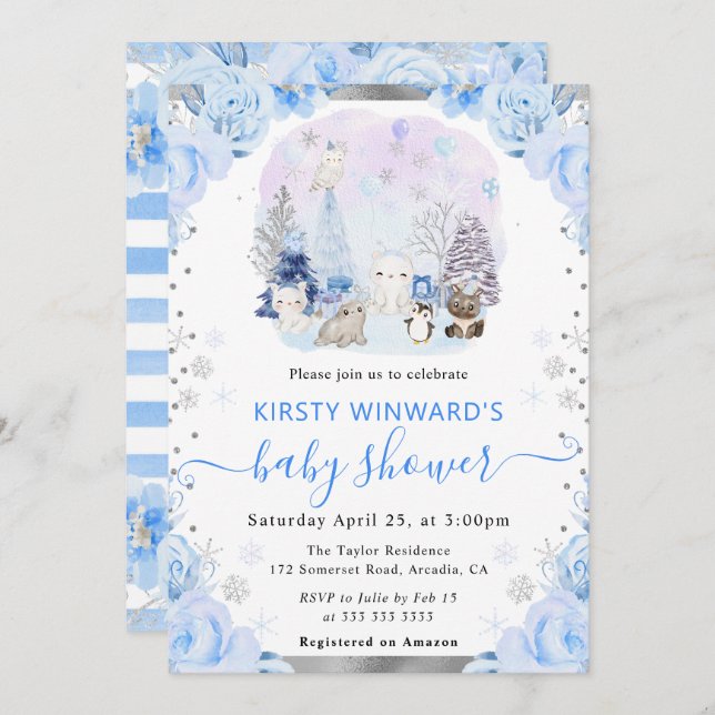 Invitation Aquarelle Animaux arctiques Baby shower floral (Devant / Derrière)