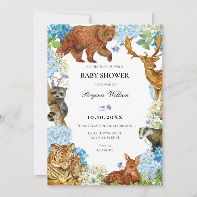 Invitation Aquarelle Animaux baby shower de la faune florale (Devant)