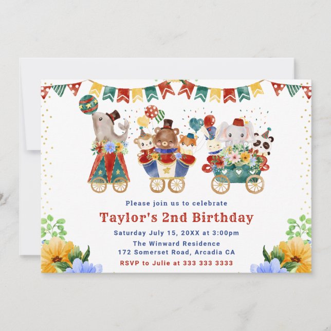 Invitation Aquarelle Animaux de Cirque Train Anniversaire Flo (Devant)