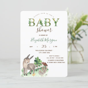 Invitation Aquarelle Animaux de ferme Baby shower d'âne