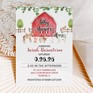 Invitation Aquarelle Animaux de ferme Baby shower de grange