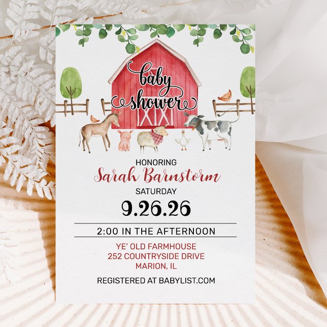 Invitation Aquarelle Animaux de ferme Baby shower de grange (Créateur téléchargé)