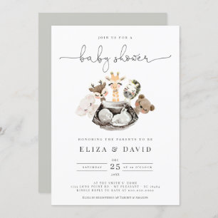 Invitation Aquarelle Animaux Faux Baby shower Or moderne