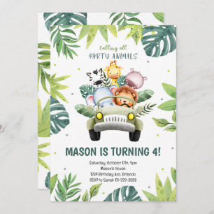 Invitation Aquarelle Animaux Safari Voiture Anniversaire Invi