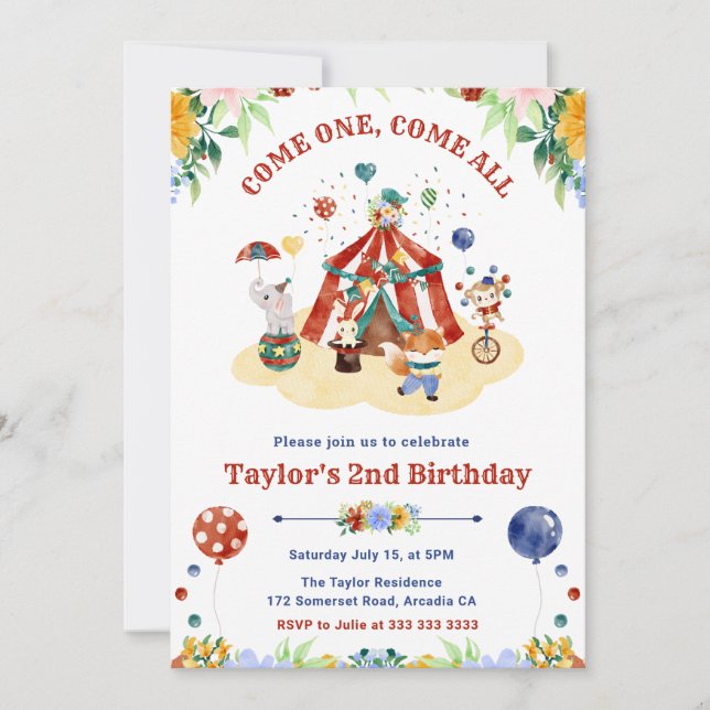 Invitation Aquarelle Anniversaire Cirque Carnaval Fleur Cute (Devant)