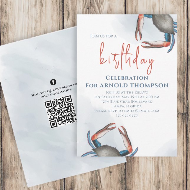 Invitation Aquarelle Anniversaire Crabe Bleu QR Code Médias s (Créateur téléchargé)