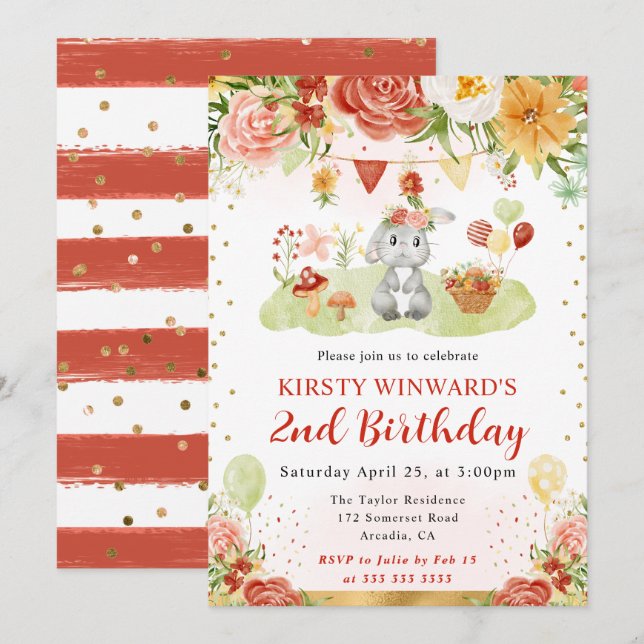 Invitation Aquarelle Anniversaire de enfant de lapin de bois (Devant / Derrière)