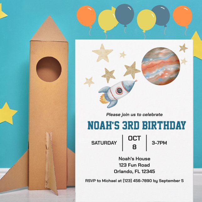 Invitation Aquarelle Anniversaire de enfant de l'espace extra (Créateur téléchargé)