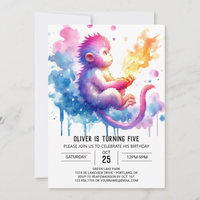 Invitation Aquarelle Anniversaire de singe enchantée (Devant)