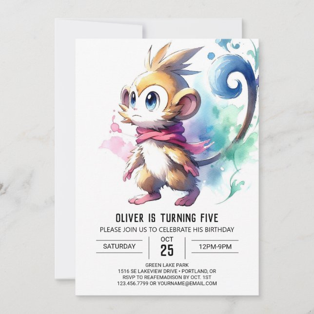 Invitation Aquarelle Anniversaire de singe enchantée (Devant)