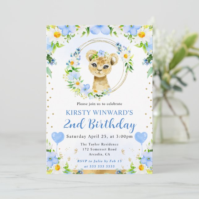 Invitation Aquarelle Anniversaire Enfants Lion Mignon Jungle (Debout devant)
