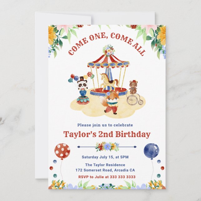 Invitation Aquarelle Anniversaire Fleurie Cirque Mignon (Devant)