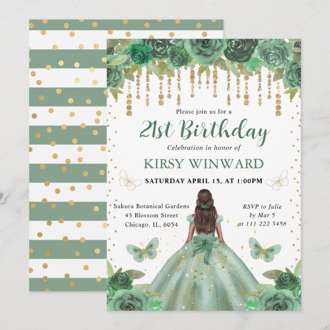 Invitation Aquarelle Anniversaire Princesse Vert & Or (Devant / Derrière)