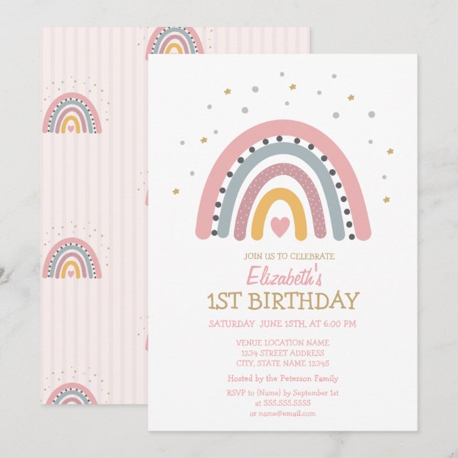 Invitation Aquarelle Anniversaire Rayures Arc-en-ciel (Devant / Derrière)