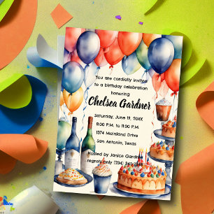 Invitation Aquarelle Anniversaire Vin Gâteau Nourriture
