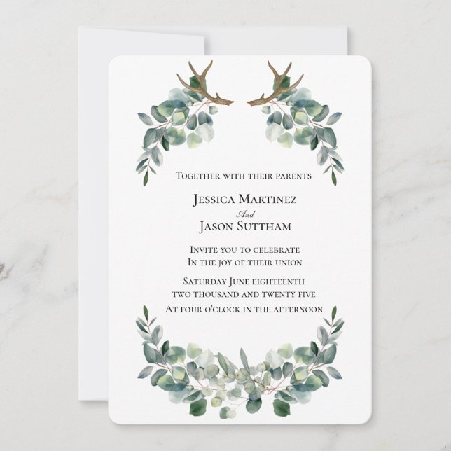Invitation Aquarelle Antler & Eucalyptus Viking Mariage (Devant)