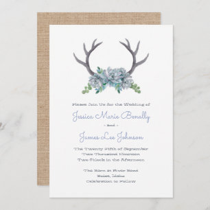 Invitation Aquarelle Antlers et Mariage campagnard Echeveria