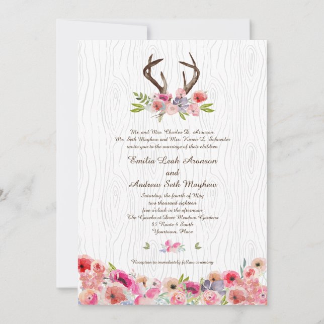 Invitation Aquarelle Antlers Fleurs sauvages Faux Bois Mariag (Devant)