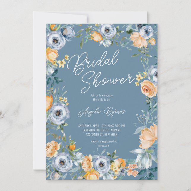 Invitation Aquarelle Apricot Pastel Bleu Fleurs sauvages (Devant)