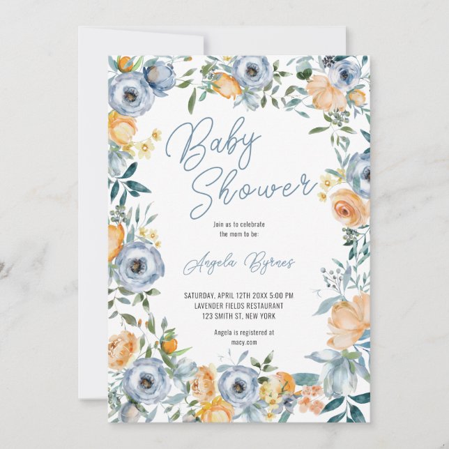 Invitation Aquarelle Apricot Pastel Bleu Fleurs sauvages (Devant)