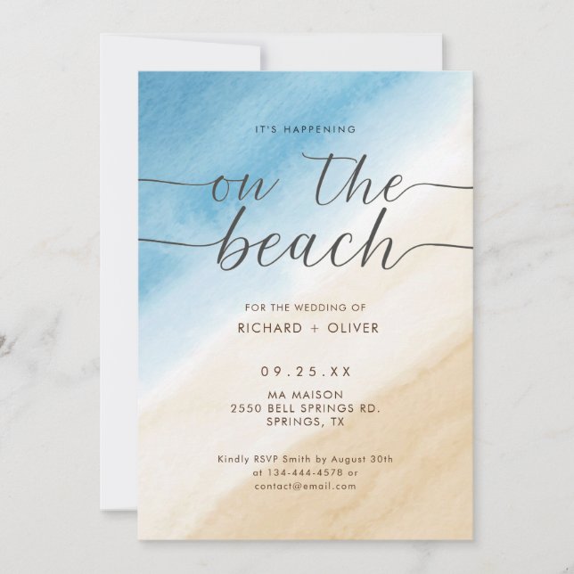 Invitation Aquarelle Aqua Blue Sur La Plage Mariage (Devant)
