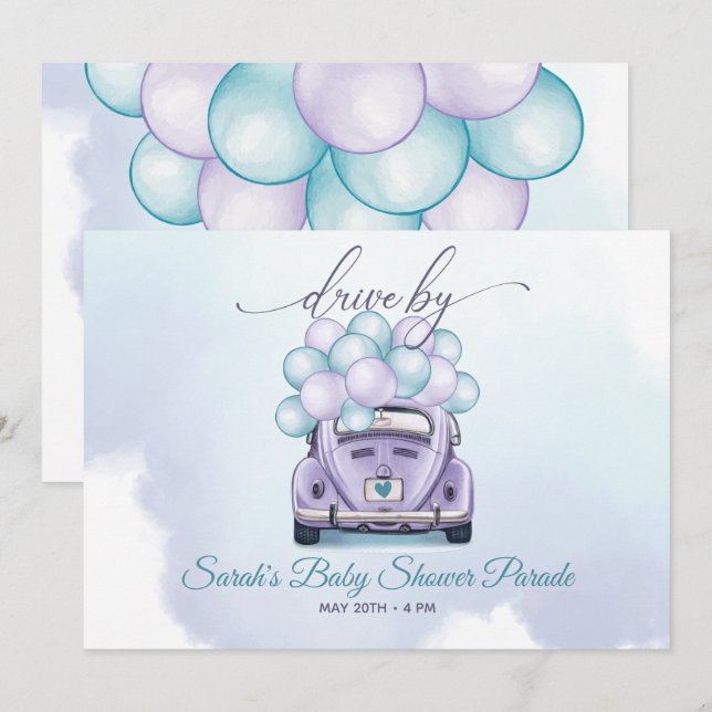 Invitation Aquarelle Aqua Lilac Conduite surprise Par Baby sh (Devant / Derrière)