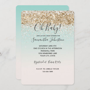 Invitation Aquarelle Aqua Ombre or confetti blanc parties sci