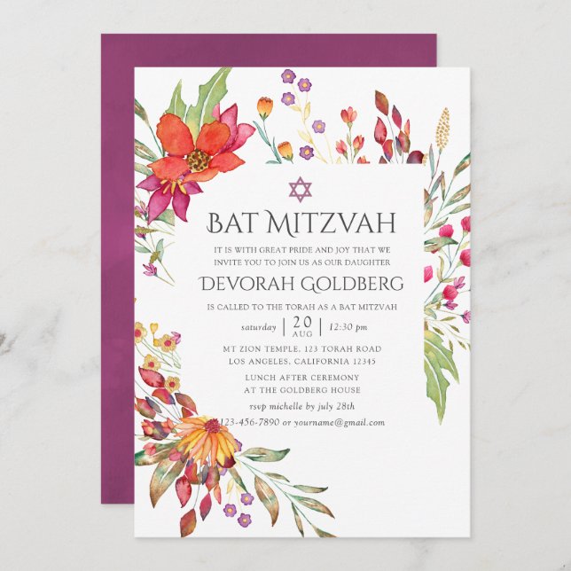 Invitation Aquarelle Aquarelle Fleur sauvage Bat mitzvah (Devant / Derrière)