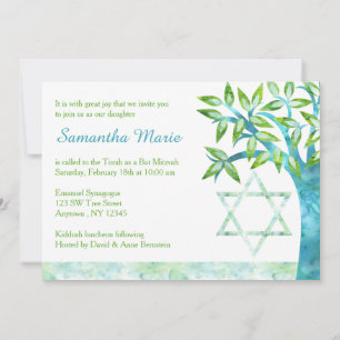 Invitation Aquarelle Arbre de vie Bat mitzvah vert Turquoise