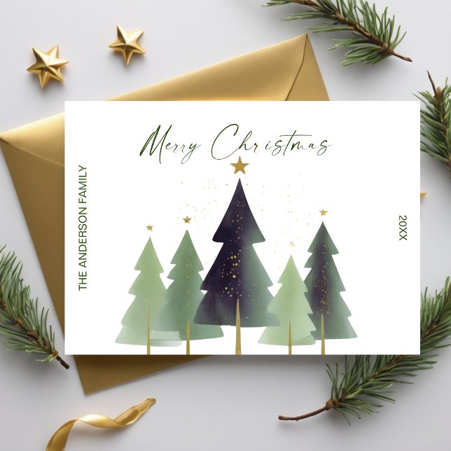 Invitation Aquarelle Arbres de Noël minimaliste Vert moderne (Watercolor Christmas Trees Minimalist Modern Green Invitation)