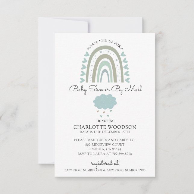 Invitation Aquarelle Arc-en-ciel Bleu bébé Douche garçon par  (Devant)