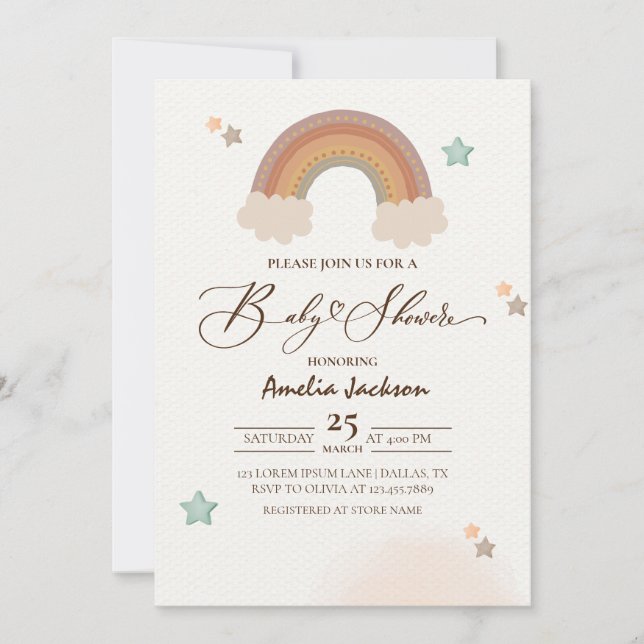 Invitation Aquarelle arc-en-ciel Boho Sexe Baby shower neutre (Devant)
