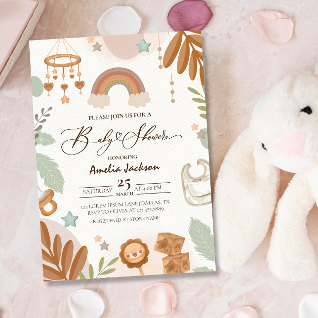 Invitation Aquarelle arc-en-ciel Boho Sexe Baby shower neutre (Créateur téléchargé)