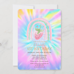 Invitation Aquarelle Arc-en-ciel Fraise Tie Dye Anniversaire
