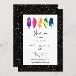 Invitation Aquarelle arc-en-ciel Ice Cream Ice Pops Or élégan