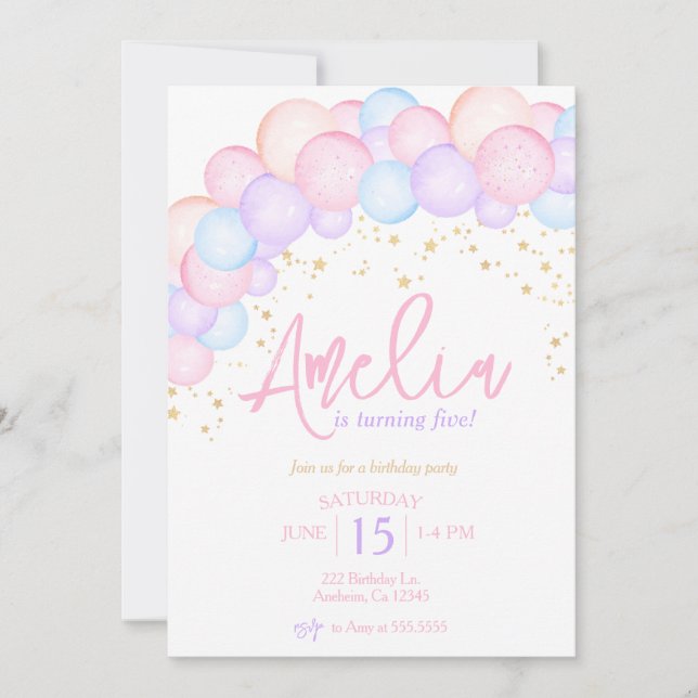 Invitation Aquarelle arc-en-ciel pastel ballon anniversaire (Devant)